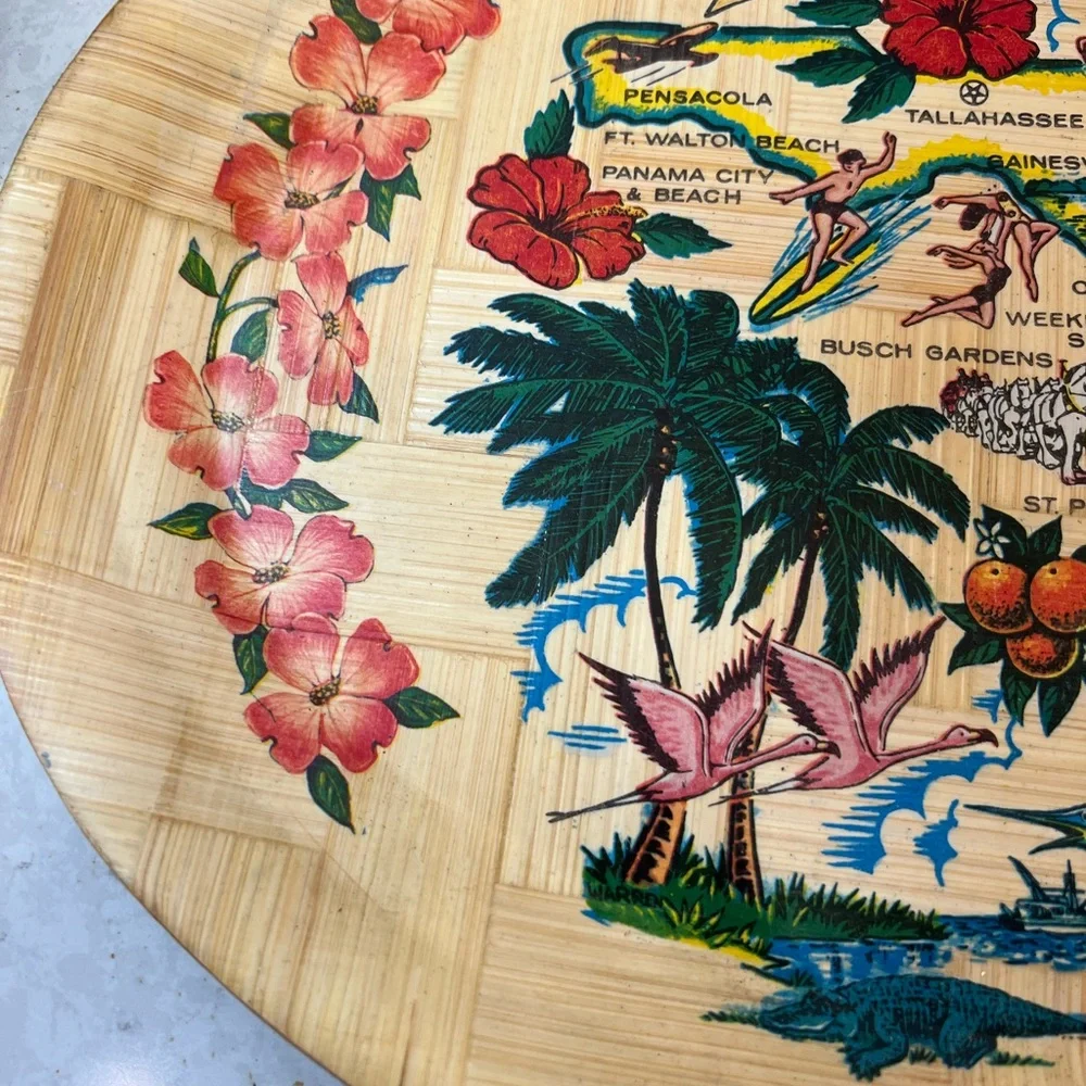 Vintage 70's Florida Souvenir Bamboo Oval Tray Collectible 16”x12” Beach Boho